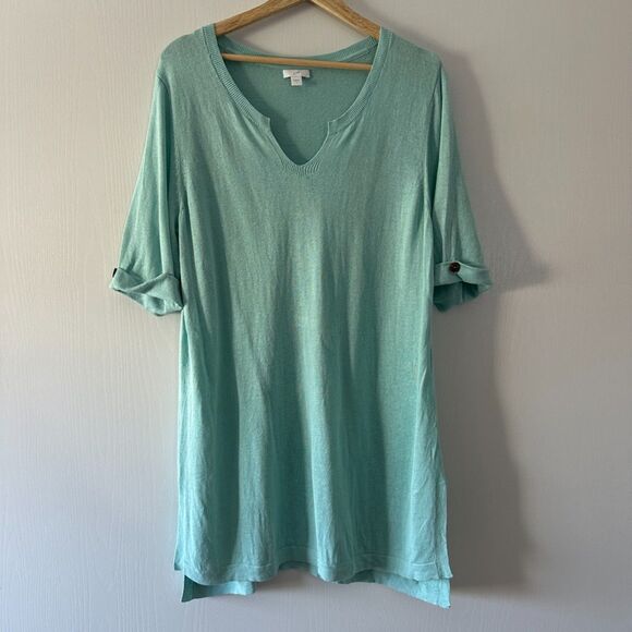 J Jill Womens Knit Tunic Linen Blend Split Neck Half Sleeve Sweater Top Sz Large - Picture 1 of 7